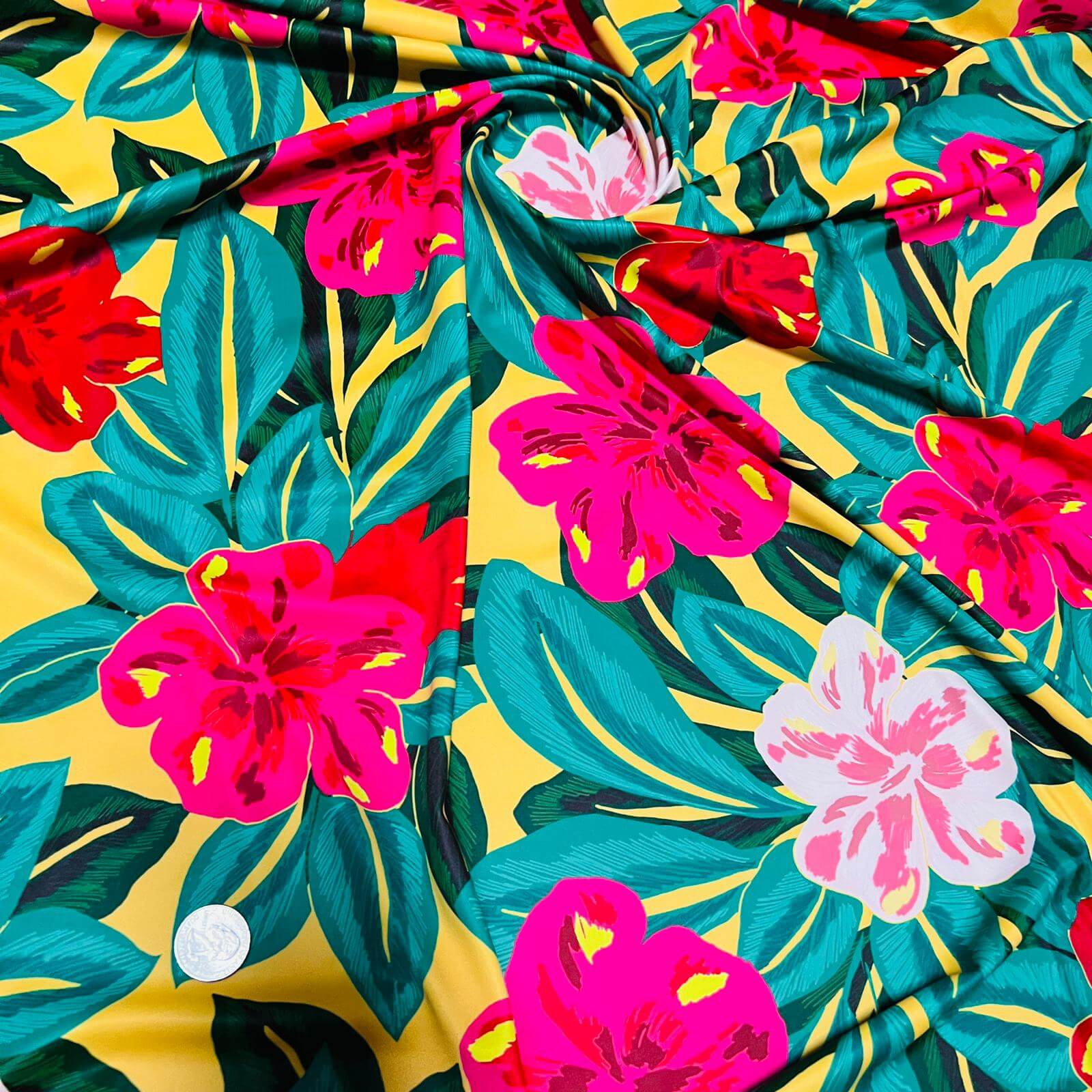 Pink Flowers Yellow Background Print Nylon Lycra Spandex Fabric 4 Way ...